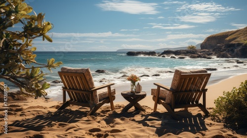 Two chairs on a sandy beach overlooking the blue sea. Theme of rest and relaxation.