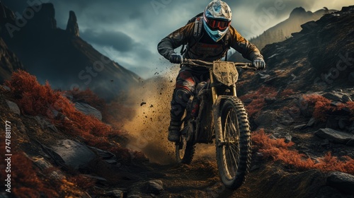 A male motorcyclist in a leather suit and helmet rides quickly on a mountain bike along a deserted street. Dynamic and active extreme scene. © Boomanoid