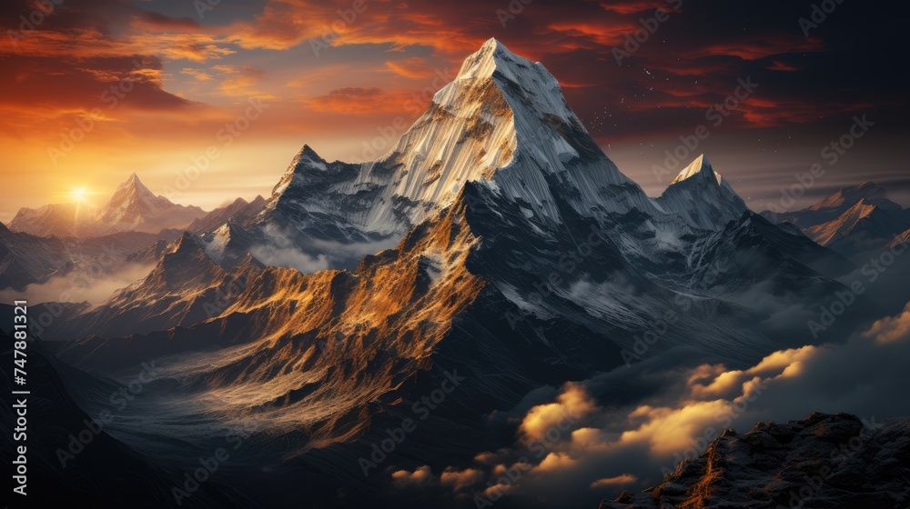 Majestic mountains against the background of a bright sunset. Winter snowy peaks.
