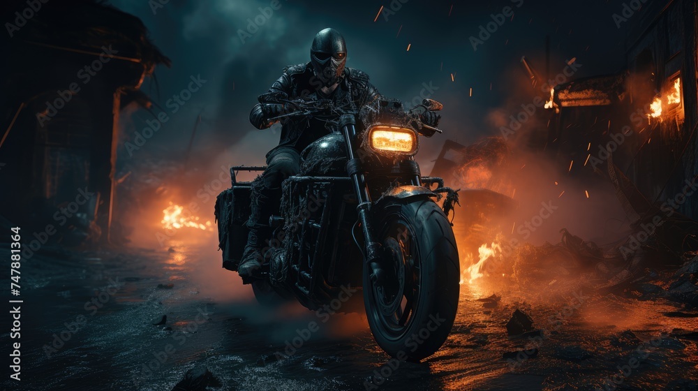 A strong male motorcyclist in a leather suit and mask rides a dirt motorcycle along a deserted dark burning street. Dynamic and active extreme scene.