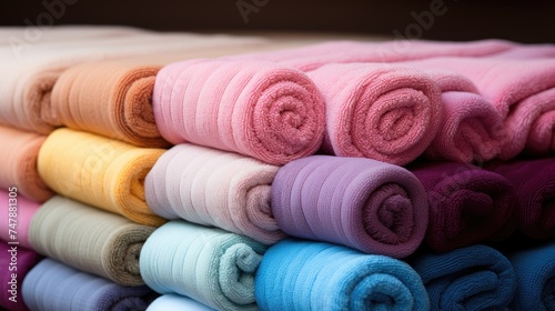 Close-up of a neat stack of folded colored fluffy towels. The theme of comfort and cleanliness at home and in the hotel.