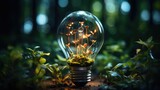 A transparent glass light bulb with a green plant inside stands in the middle of the forest. Theme of ecology and environmental protection.