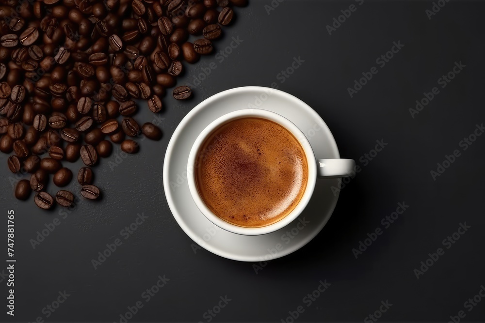 Fototapeta premium A Cup of Coffee Next to a Pile of Coffee Beans