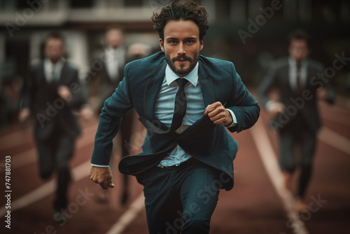 businesspeople in suits racing to the finish line, business competition metaphor concept