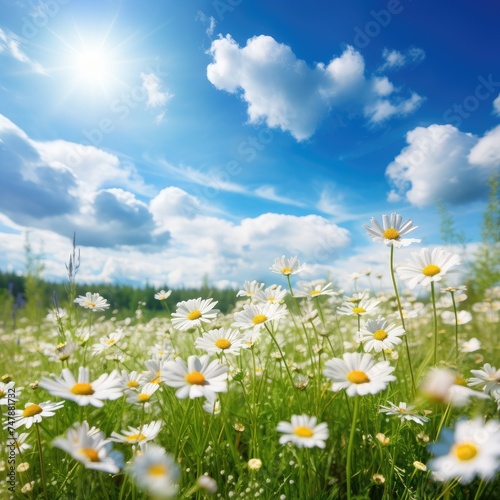 Green blooming field with white daisies over a blue sky with clouds.