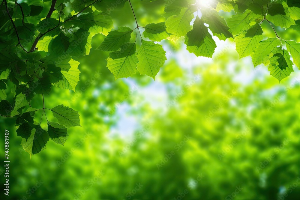 Background with bright iridescent green leaves against a backdrop of forest and sunlight. Background with bright iridescent green leaves against a backdrop of forest and sunlight.