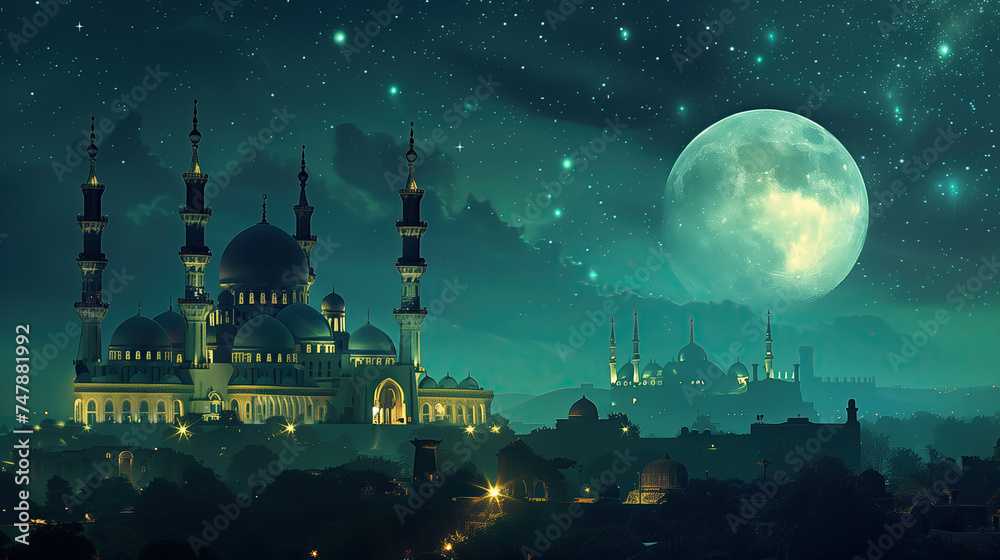 mosque with moon and stars. ramadan kareem background. islamic night. - obrazy, fototapety, plakaty 