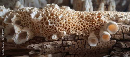 This close-up view showcases a piece of wood crafted from coral, featuring numerous meticulously drilled holes. The intricate details of the coral craftsmanship are on full display, highlighting the