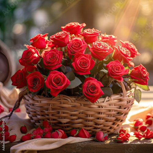 On the table is a wicker basket with bright red roses. For greeting card design.