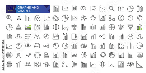 Charts and graphs related vector icons for your design. Graphics and statistics icons set. Collection of simple linear web icons, line charts