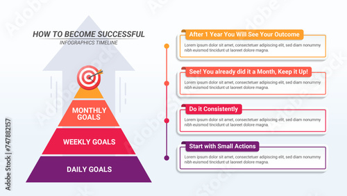 Pyramid Infographic How to Be Success with 4 Steps and Editable Text for Business Plans, Marketings, and Presentations.