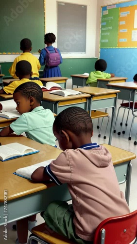 Focused African American children in colorful school classroom engaged in learning with books and at blackboard, back view