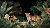 Retro mural photo wallpaper jungle and graceful leaves tropical forest animal, leopard, tiger, vintage background, graphics, painting, art, card, poster, print, interior, generative AI