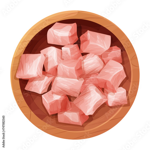 Chicken pieces, cubes raw meat, chopped sclices in wooden bowl, plate top view isolated on white background. Uncooked ingredient. 