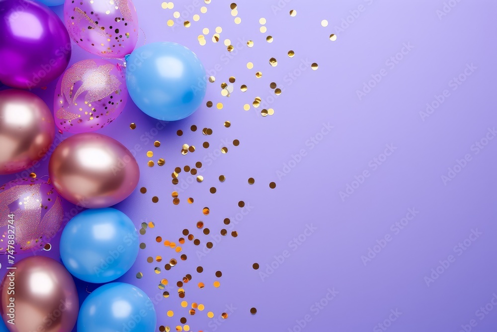 Balloons with confetti. Background template design with helium balloons for Party for Birthday and anniversary celebration, carnival. weddings and valentine's day and international women's day Balloons with confetti. Background template design with helium balloons for Party for Birthday and anniversary celebration, carnival. weddings and valentine's day and international women's day