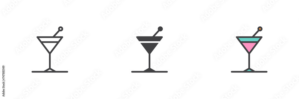 Martini cocktail with olive different style icon set Martini cocktail with olive different style icon set