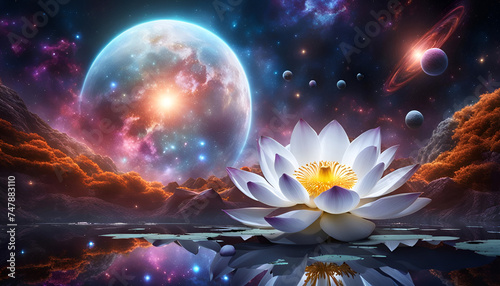 Lotus Blüte geöffnet Blume Erkenntnis weiß glänzend vor Hintergrund Universum leuchtender Sterne Galaxien Lilie Wasser Spirituelle Erkenntnis neue Erde Erwachen Achtsamkeit Erleuchtung Buddha