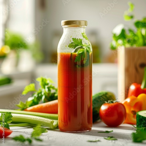 bottle of nourishing green juice surrounded by fresh vegetables and herbs.