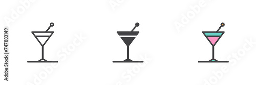 Martini cocktail with olive different style icon set