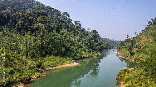 Aerial view of a tranquil river winding through a lush tropical rainforest, ideal for nature and travel-themed backgrounds with copy space