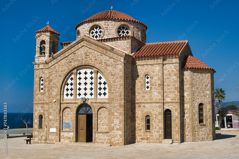 The Greek-Orthodox chapel of Agios Georgios Peyia (also spelled Pegeia) at Cape Drepanum in the district of Pafos (Paphos), Cyprus
