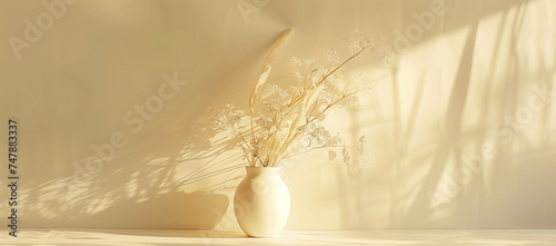 a white vase of grass is sitting on a white wall, in the style of light gold and light amber, sabattier filter, soft and dreamy depictions, joyful celebration of nature, gossamer fabrics, infrared fil photo