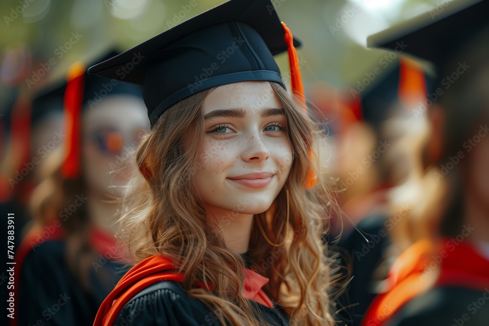 Freshly graduated young woman with graduation hat looking at camera