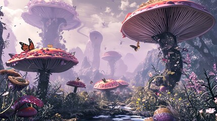 Fototapete Lila psychedelic trippy wonderland landscape with mushrooms, flowers, butterflies, fantasy bright neon illustration, AI generated  © Maria Zamchiy 