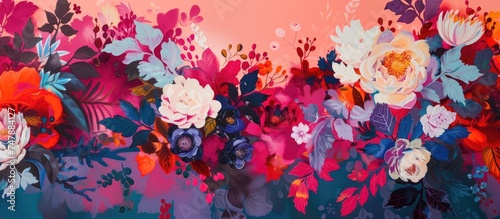 A painting featuring colorful flowers against a vibrant pink background. The bold colors of the flowers stand out against the stunning wallpaper  creating a visually striking composition.