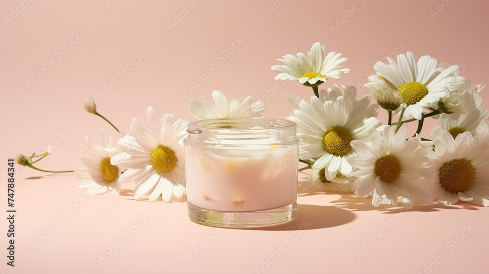 Glass jar for cream or tonic with chamomile.