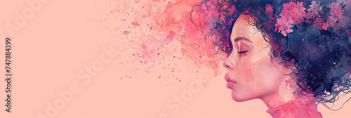 Watercolor woman portrait in pink tones, young adult girl illustration style, 8 march or women day, mother day banner with copy space, AI generated photo