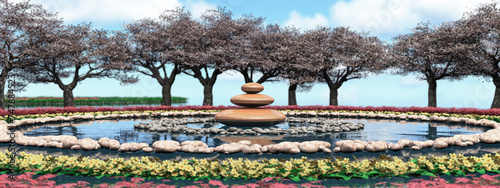Tranquil Zen Stones with Reflective Water Pond and Blossoming Trees © juanjo
