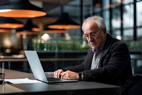 Older man using his laptop computer at a coffee shop table. Older people and technology.