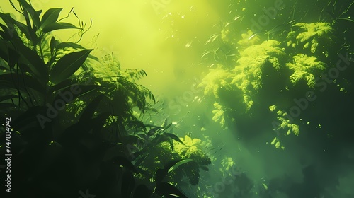 A mystical forest bathes in an ethereal green fog  suggesting an otherworldly realm hidden within nature. AI Generative