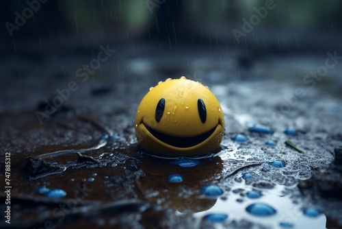 a yellow smiley face on wet ground