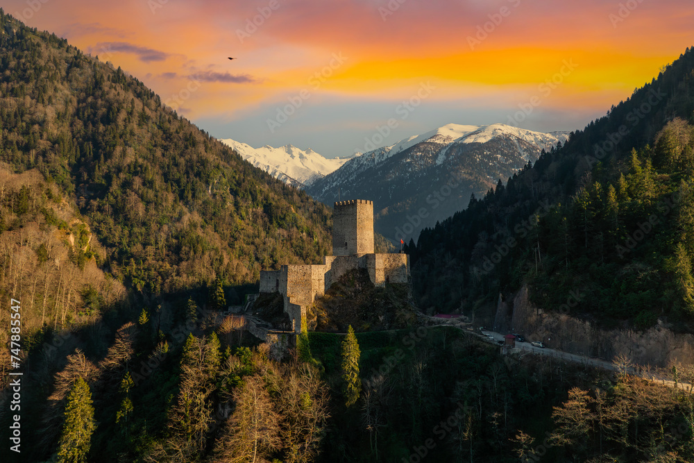 Historical Zilkale (Zil Kale) Castle located in Camlıhemsin, Rize and Kackar Mountains in the background