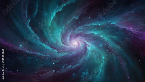  An ethereal cosmic nebula swirling in shades of violet and turquoise, sparkling stars scattered throughout, glowing wisps of gas forming intricate patterns, evoking a sense of wonder and serenity