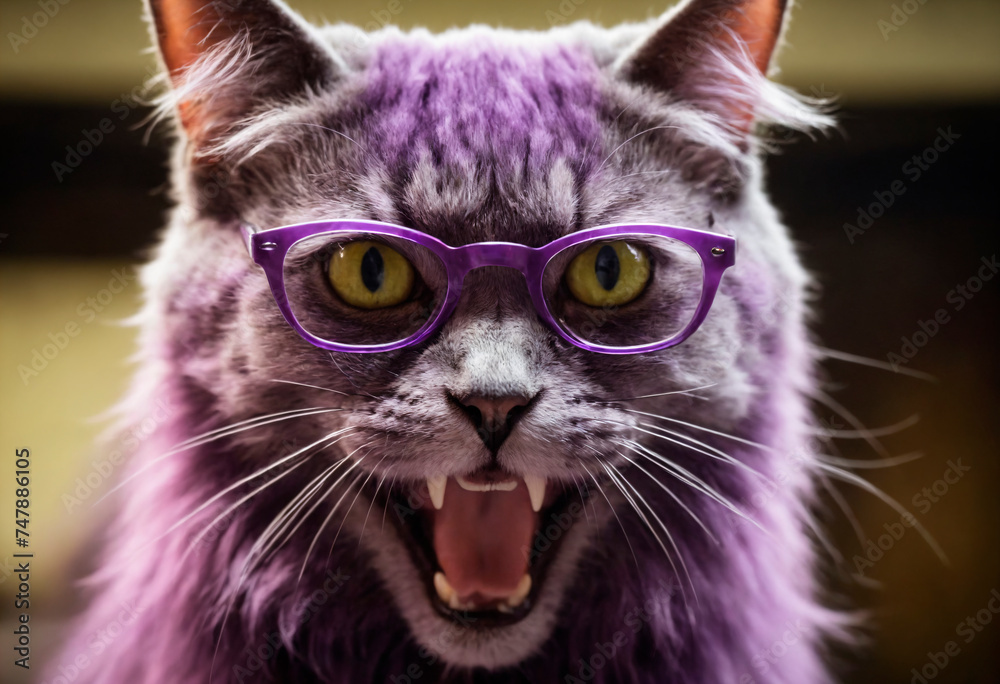 Close-up of a portrait of a beautiful cat with an open mouth wearing glasses