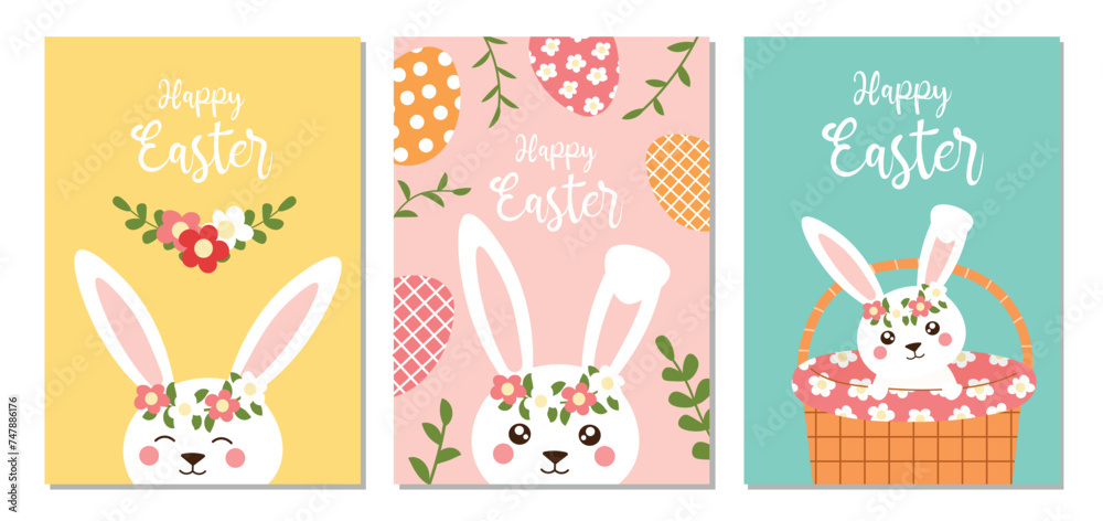 Easter cards or posters set. Spring collection of easter flat bunny. Vector pastel illustration with rabbit for poster, card, scrapbooking, stickers. 