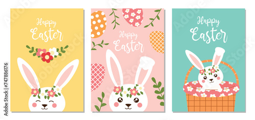 Easter cards or posters set. Spring collection of easter flat bunny. Vector pastel illustration with rabbit for poster, card, scrapbooking, stickers. 