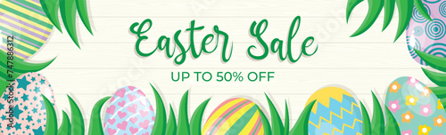 Easter big sale banner or poster design. Up to 50% off promotion. Realistic eggs. Easter discount template. Vector illustration for websites and markets. 