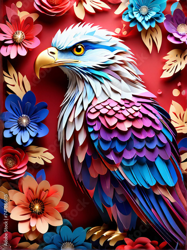 A colorful eagle created using kirigami style in a colorful flower background can use for birthday card  invitation card  book cover template