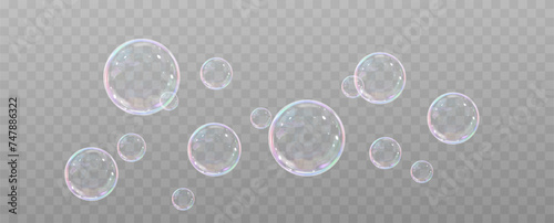 Realistic soap bubbles.Flying bubbles on a transparent background.	 photo