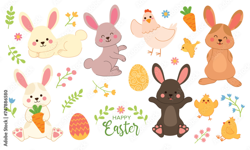Naklejka premium Collection of Easter bunny. Set of rabbit character in different poses. Spring Easter floral elements with leaves and flowers. Easter bunny and flowers. Vector illustration with traditional festive de