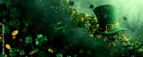 St. Patrick's Day Holiday Promotion Banner. A charming St. Patrick's Day setting featuring a traditional leprechaun hat with clovers on a glittery background photo