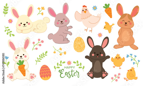 Collection of Easter bunny. Set of rabbit character in different poses. Spring Easter floral elements with leaves and flowers. Easter bunny and flowers. Vector illustration with traditional festive de