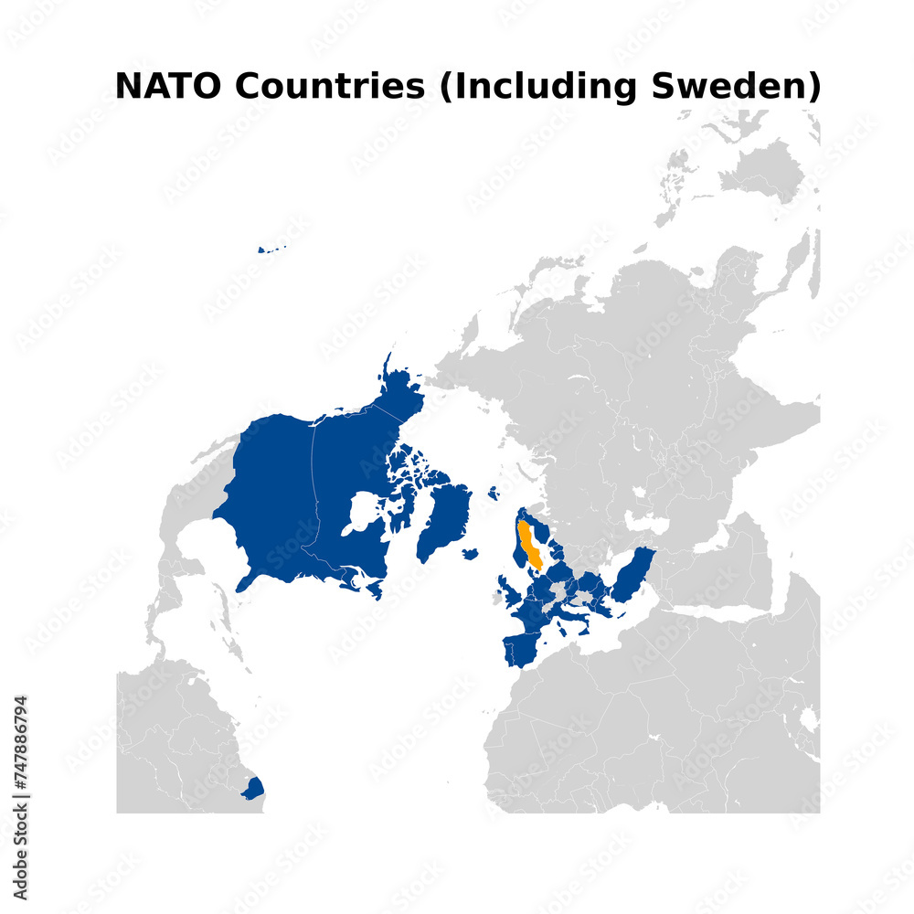 Vector illustration showcasing NATO member countries from a North Pole perspective, highlighting Sweden in distinct colors against a sleek, minimalist background.
