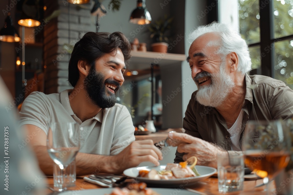 Father, grandfather, and son enjoying lunch together on Father's Day. Cheerful young adult and mature man laughing as they eat lunch together.