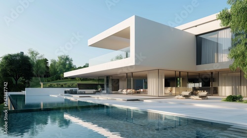 A luxury modern house with swimming pool in daytime on a green lake background. 3D rendering. © Zaleman