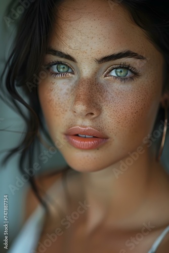 Confident Brunette Woman with Flawless Skin Directing Gaze at the Camera. Concept Portrait Photography, Beauty Shots, Direct Eye Contact © Anastasiia